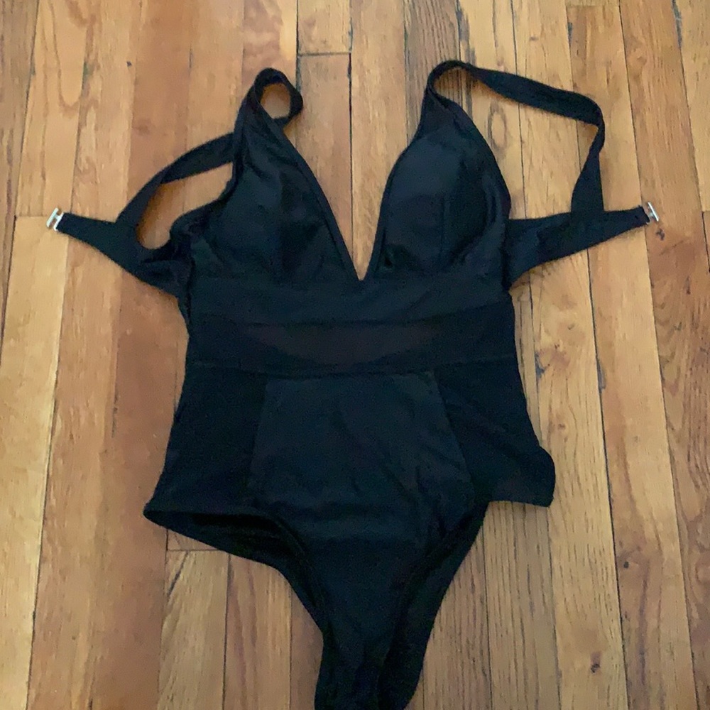 Black mesh panel one piece bikini